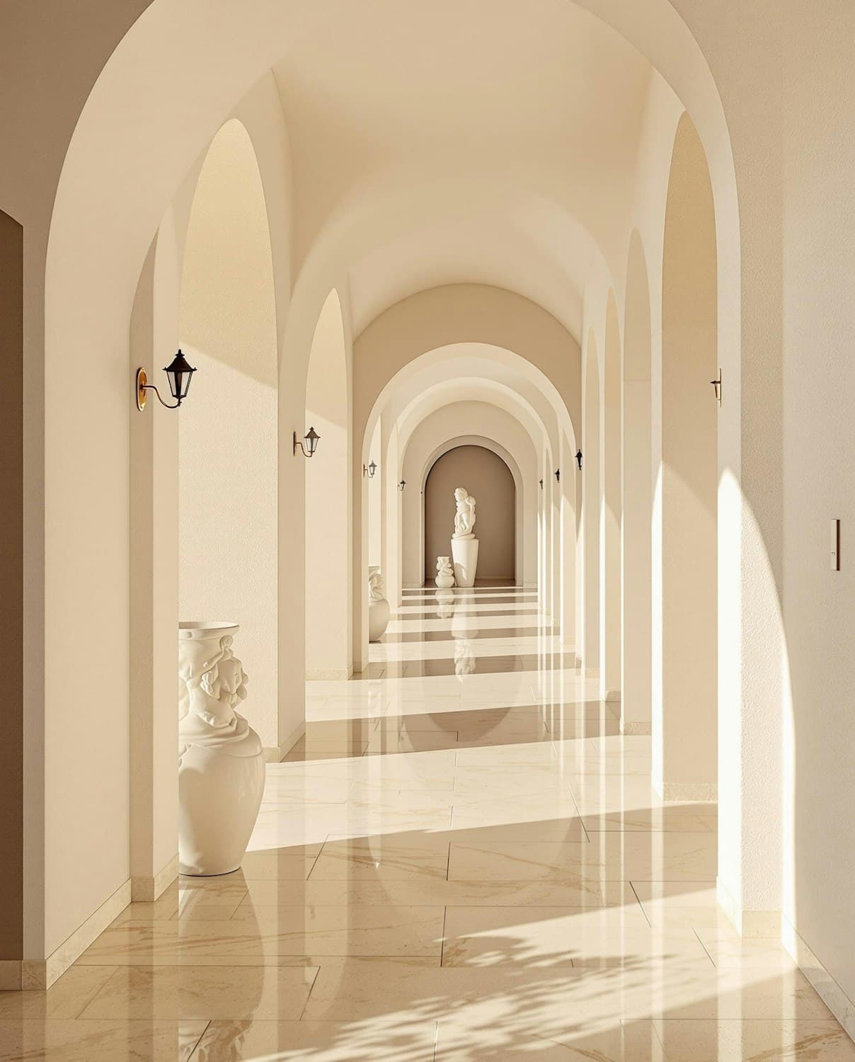 Vaulted arcade of Arkaden Sculpture Gallery with sunlight falling through the arches onto a limestone floor