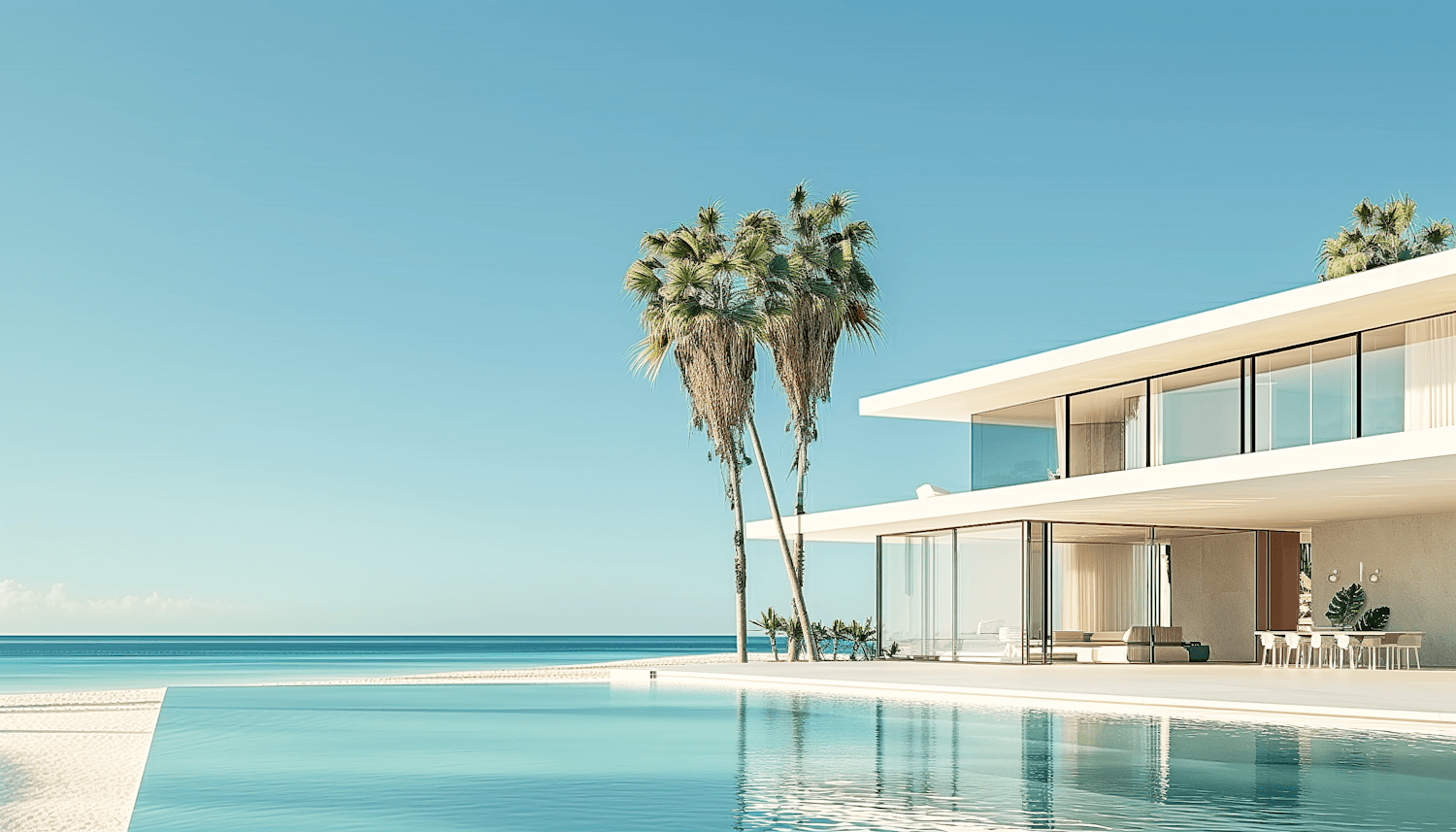 Casa Areia with thin white roofs over full height glazing beside a pool and palm trees