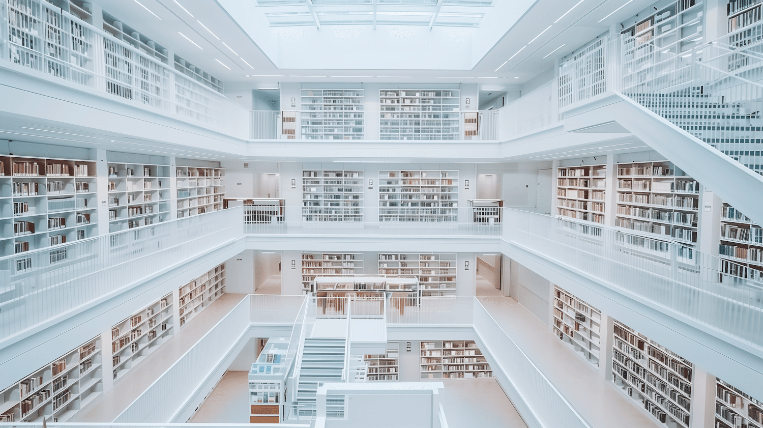 Five storey white reading hall of Kalkværket Library, with galleries of bookshelves around a central atrium under a roof light