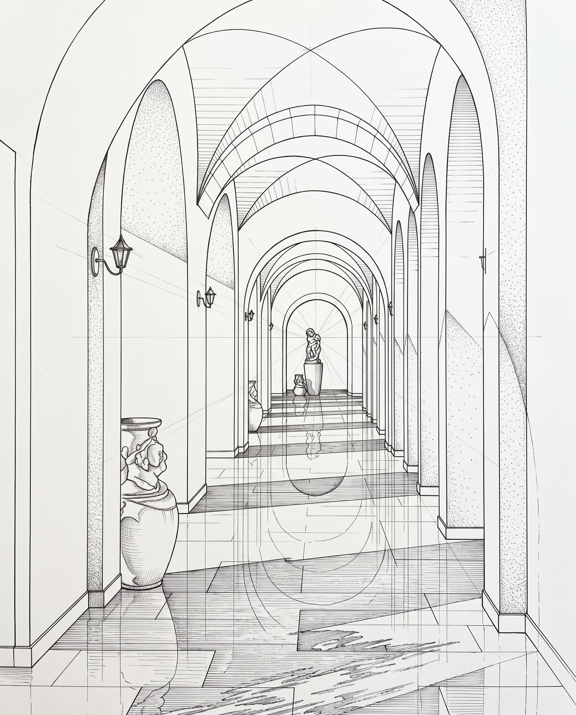 Ink drawing of Arkaden Sculpture Gallery
