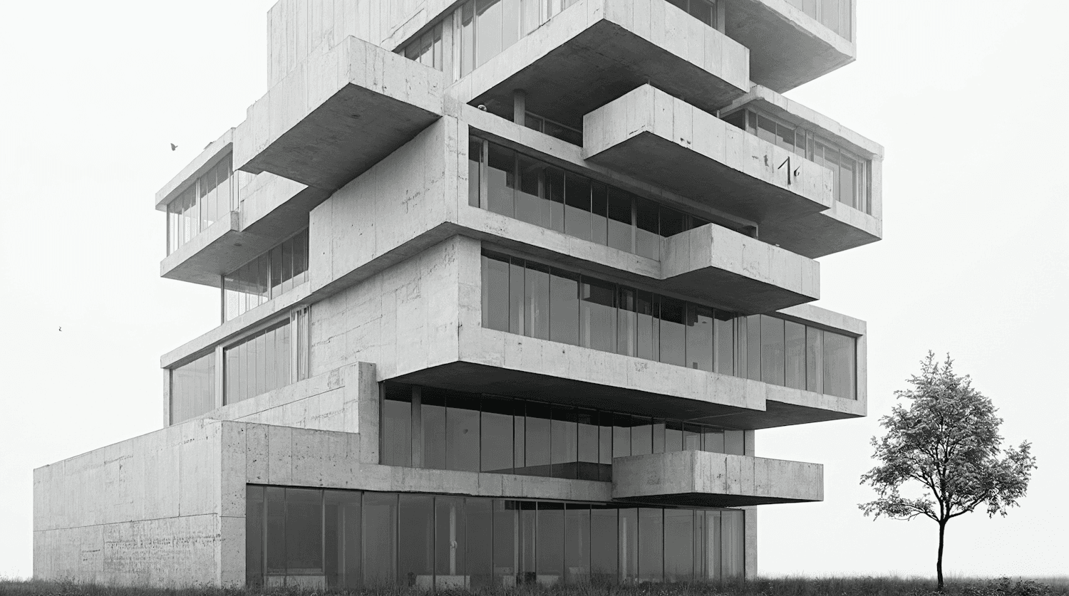 Stacked concrete floors of Stakken Workhouse cantilevering in different directions, with a single tree beside it